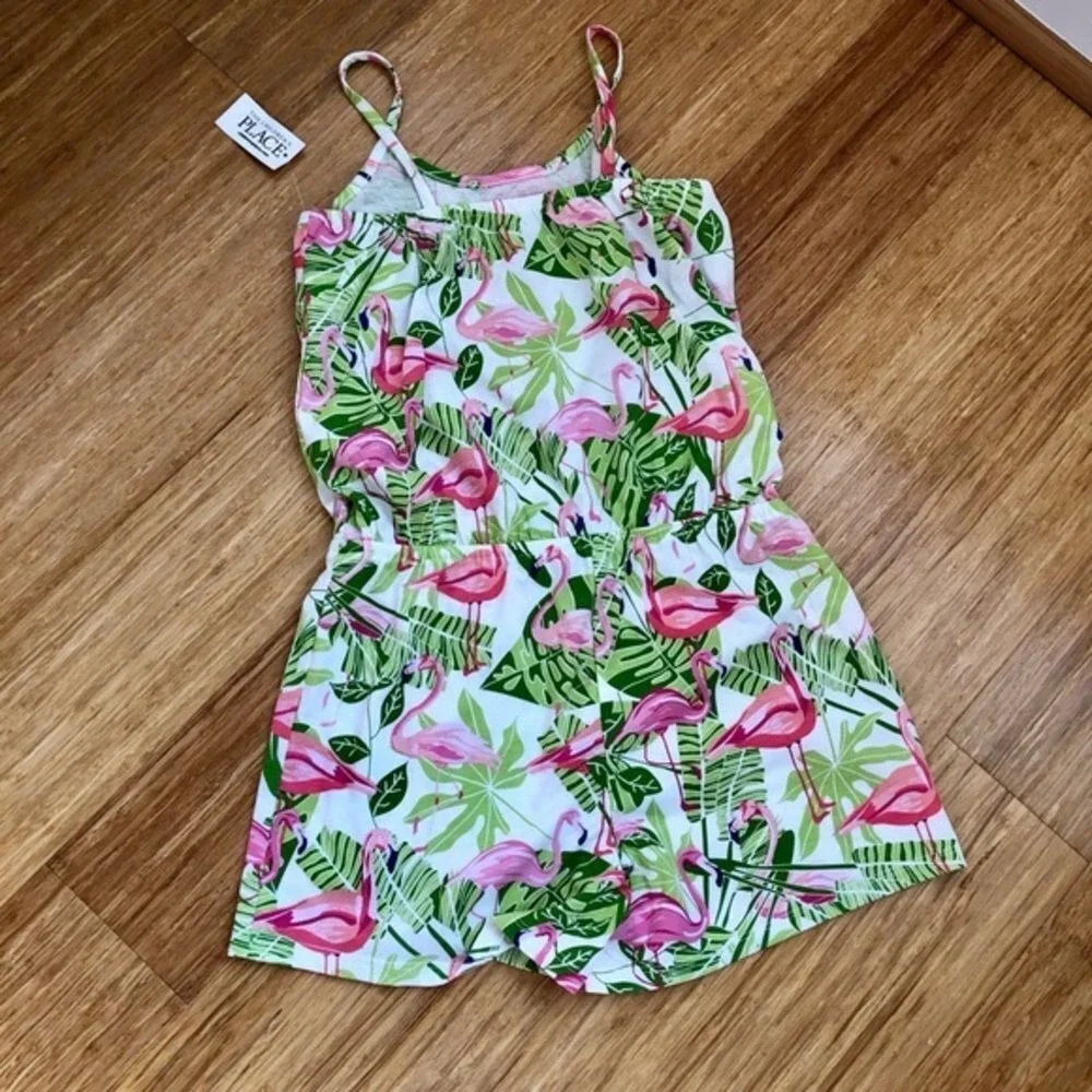 The Children's Place Large Pink Green Flamingo Romper NWT Soft cotton vacation‎